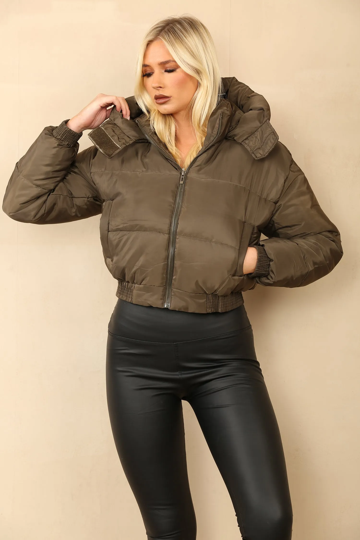 Khaki Cropped Hooded Zip Puffer Jacket