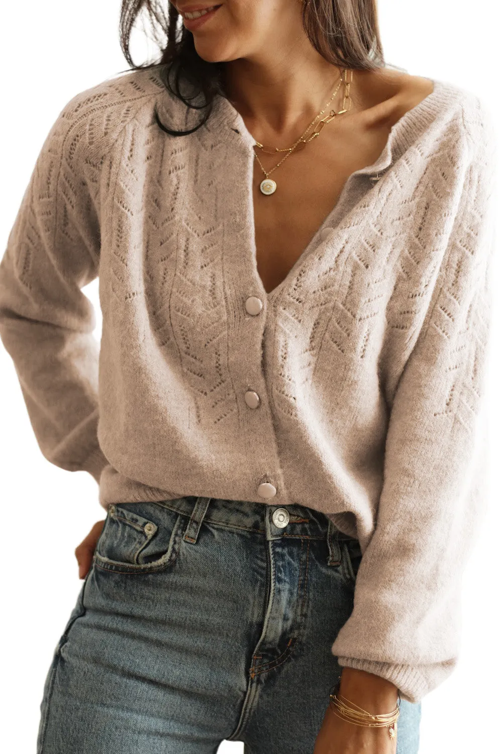 Khaki Green Geometric Hollow Button Sweater