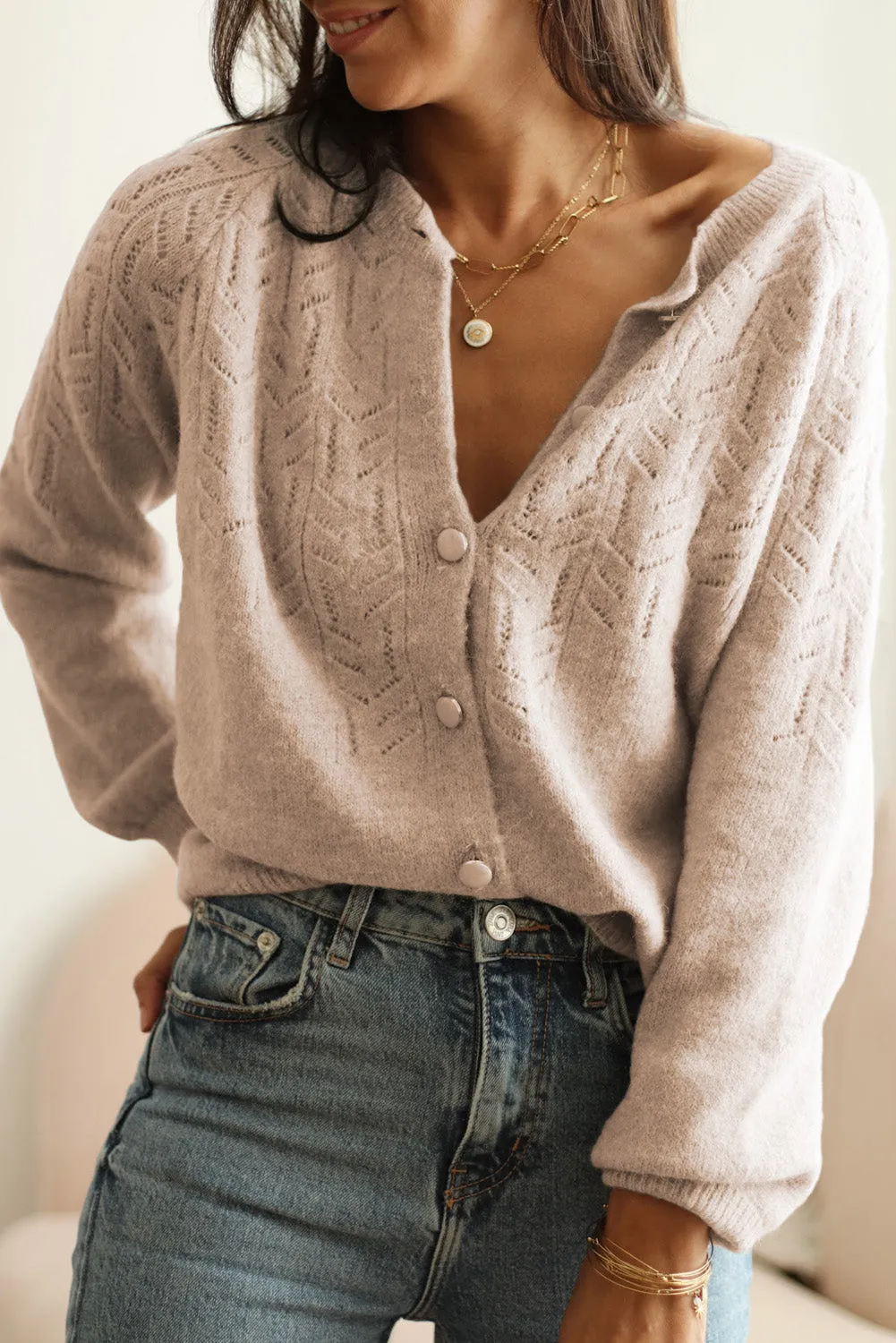 Khaki Green Geometric Hollow Button Sweater