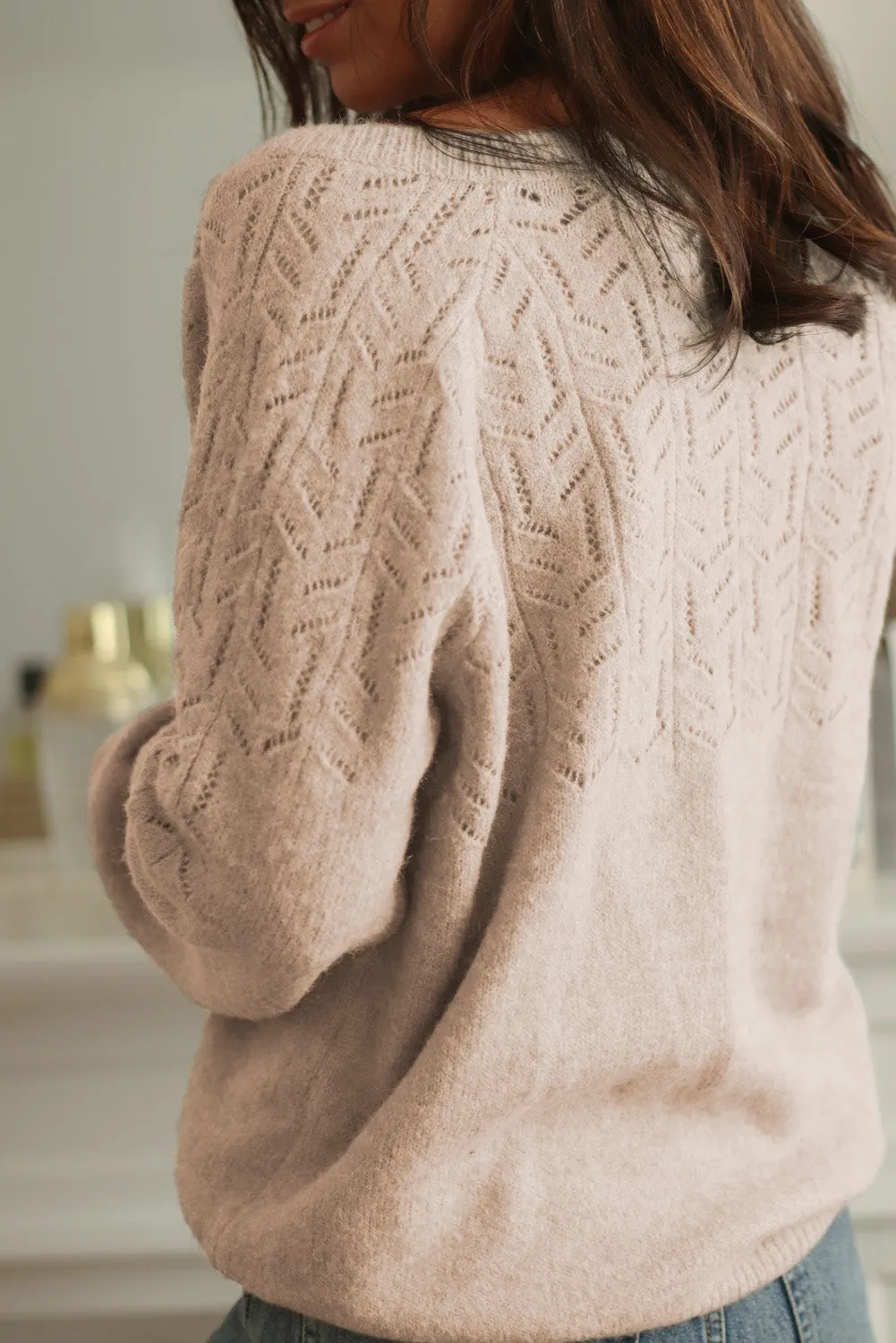 Khaki Green Geometric Hollow Button Sweater