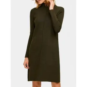 Knee Length Mock Neck Sweater Dress - Blackish Green One Size