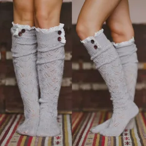 Lace Button Boot Socks Boho Gray Or White Thick Cushy Soft Crochet Lace & Wood Button Top