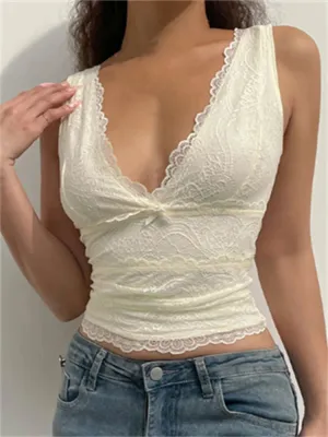 Lace Floral Slim V-neck Solid Tank Crop Top