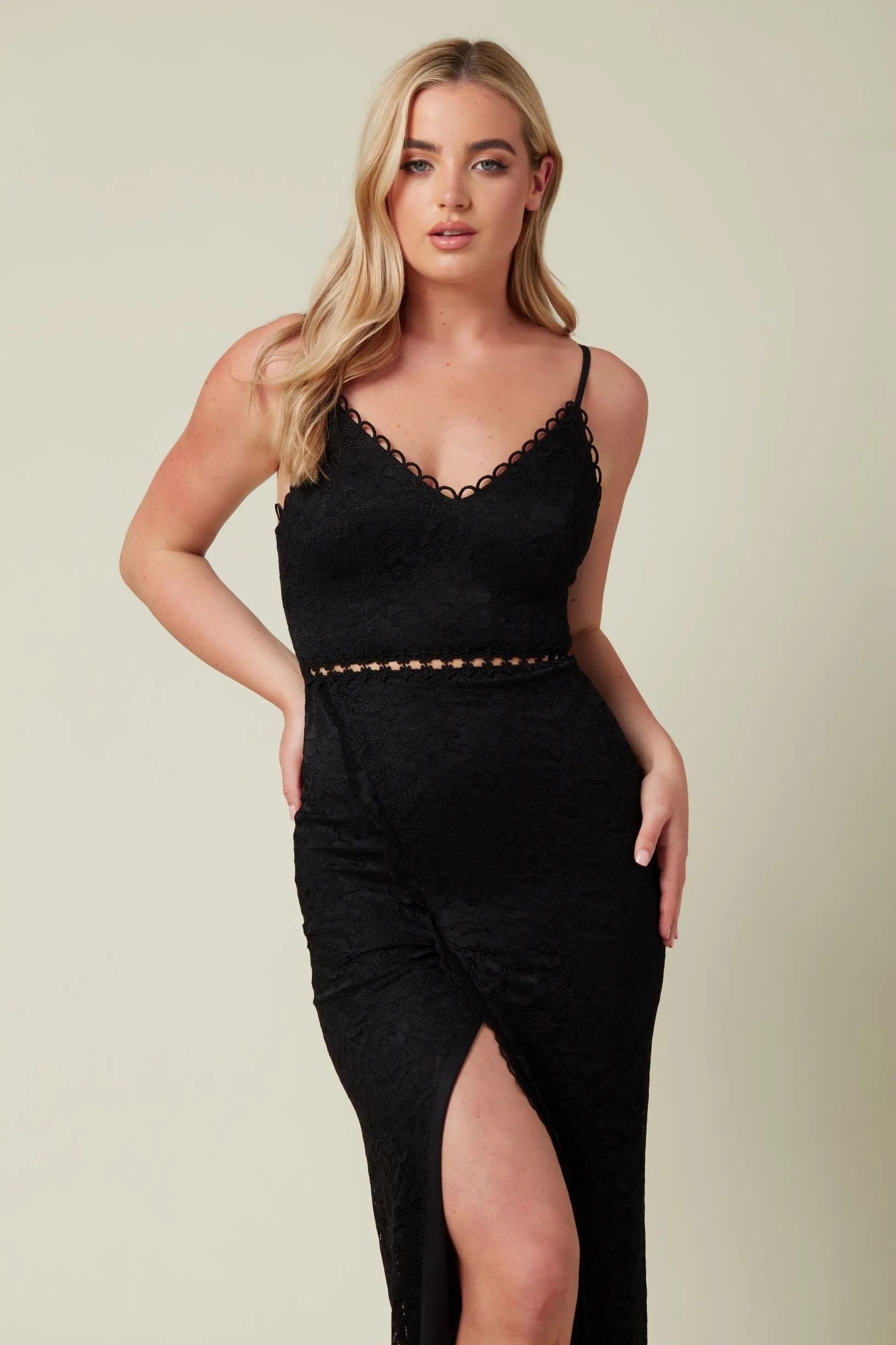 Lace Maxi Dress with Front Slit in Black