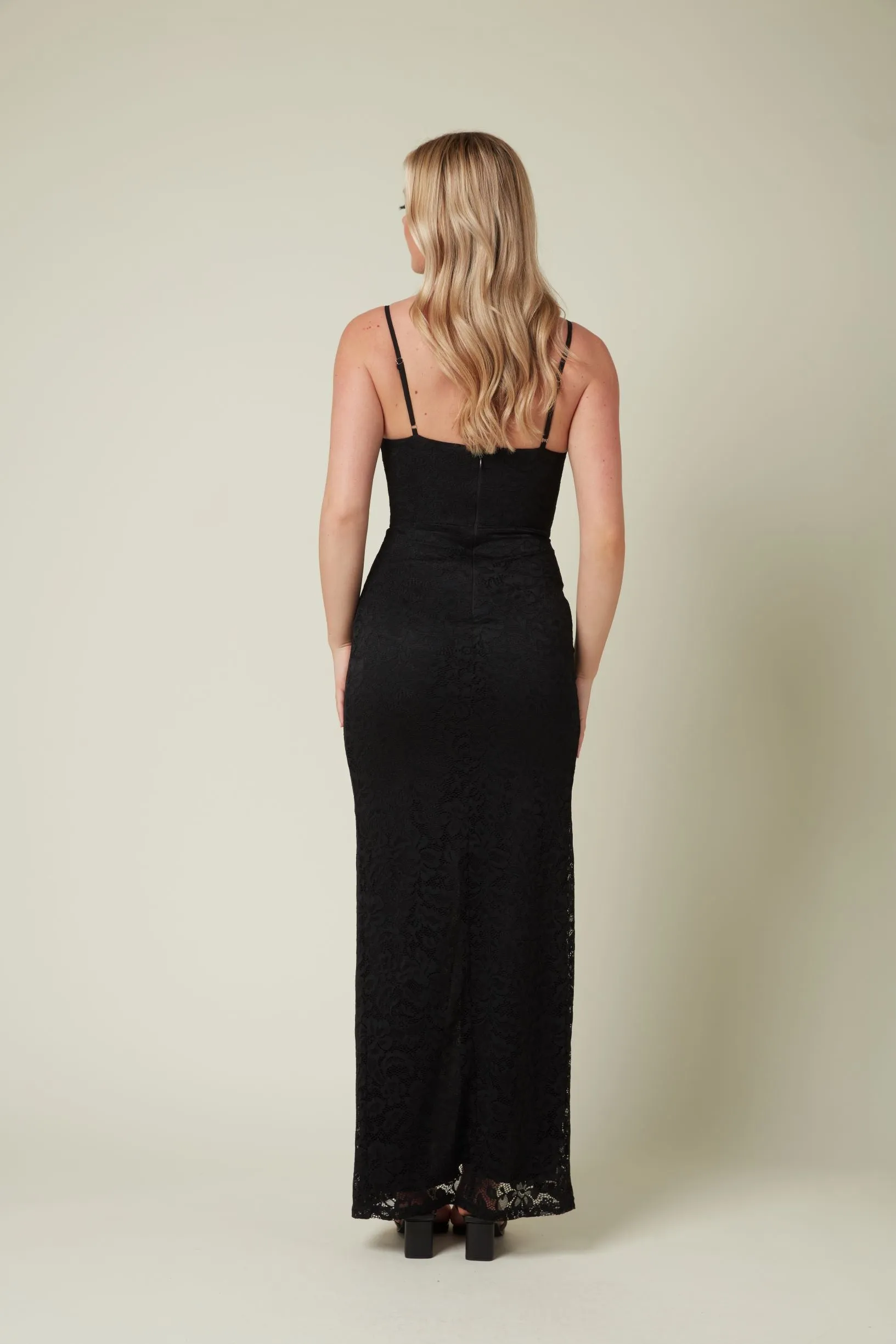 Lace Maxi Dress with Front Slit in Black