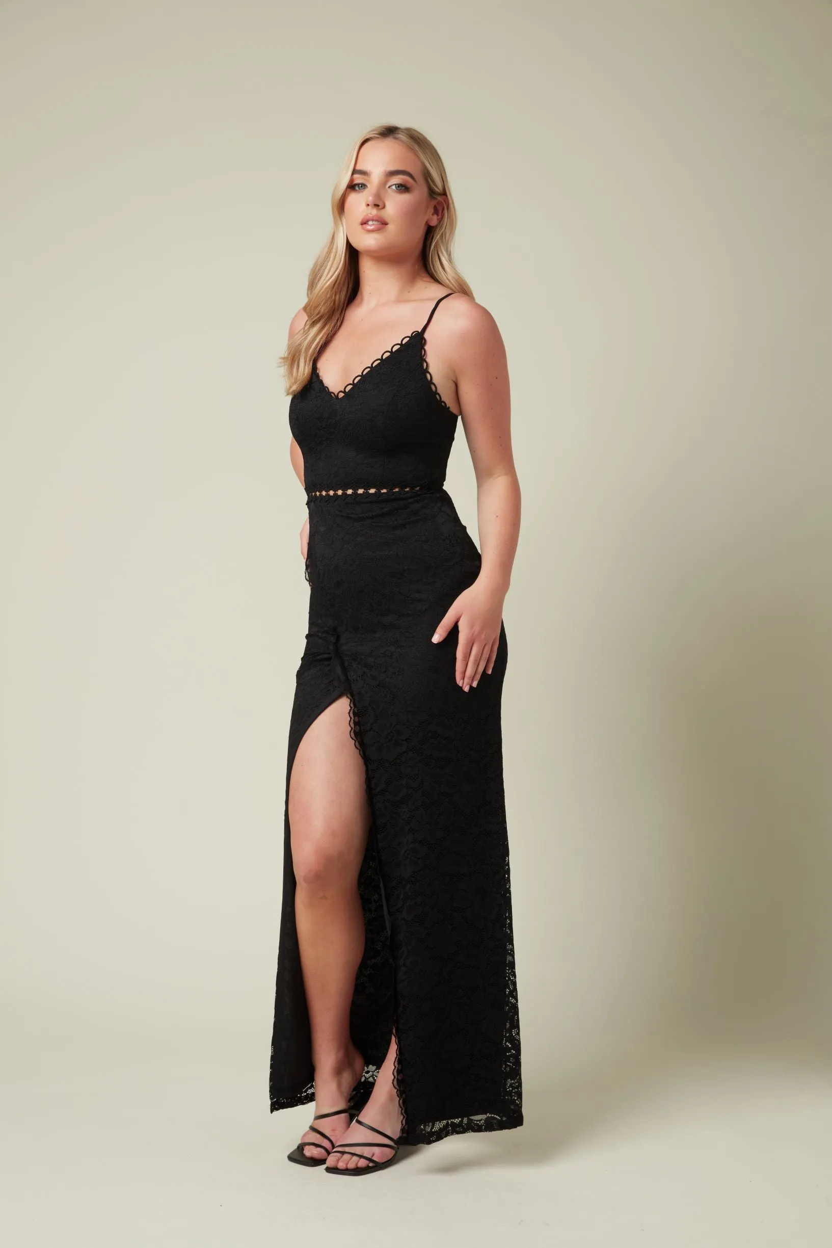 Lace Maxi Dress with Front Slit in Black