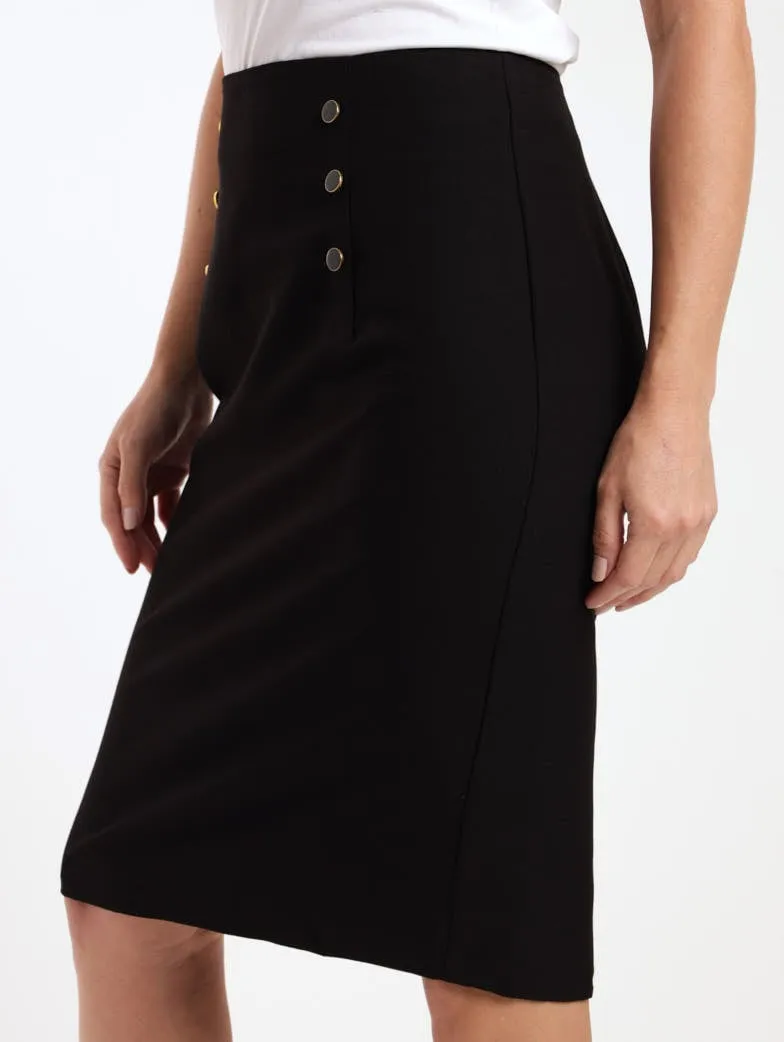 Ladies Button Detail Pencil Skirt - Black