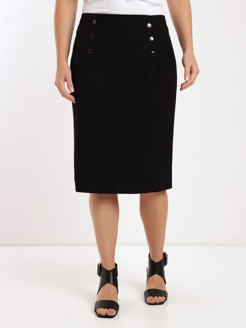 Ladies Button Detail Pencil Skirt - Black