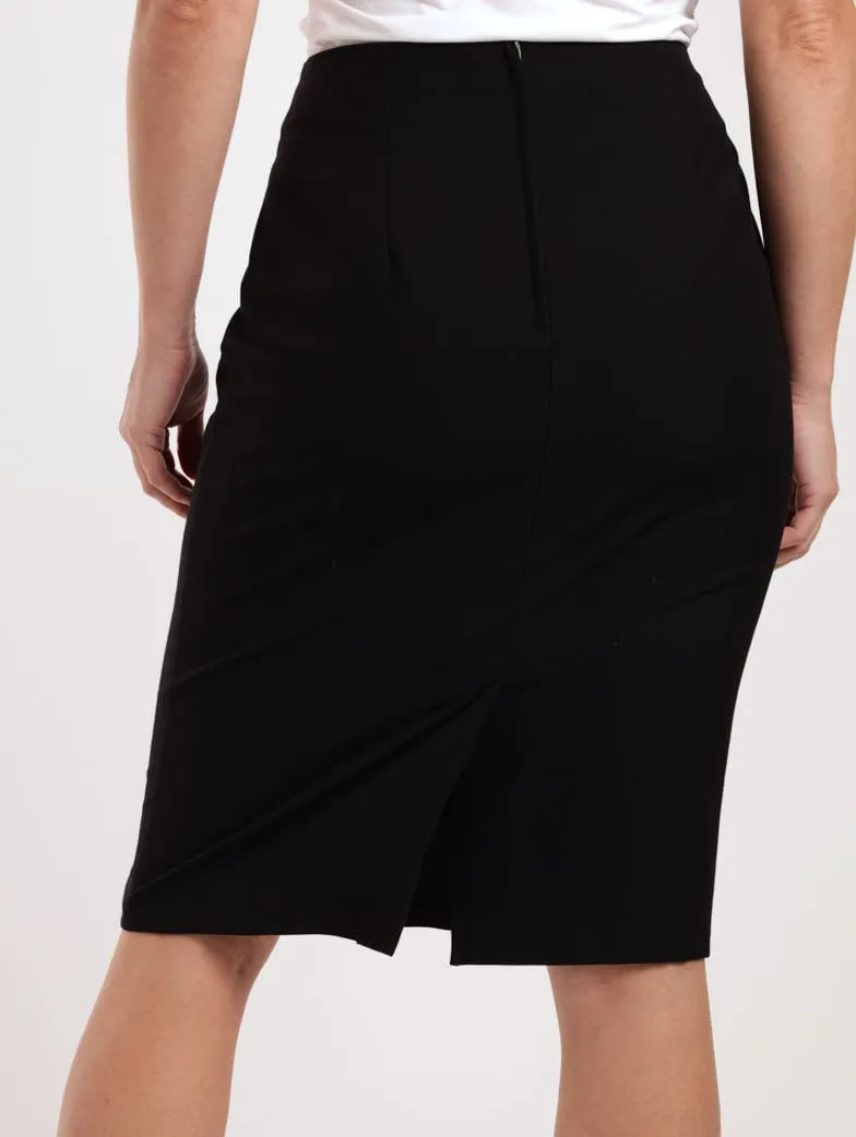 Ladies Button Detail Pencil Skirt - Black
