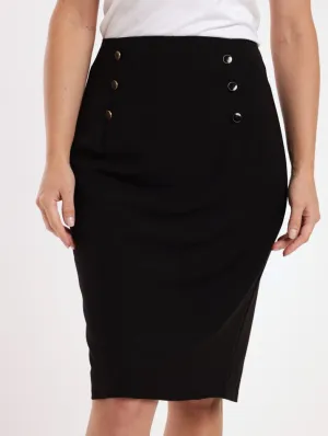 Ladies Button Detail Pencil Skirt - Black