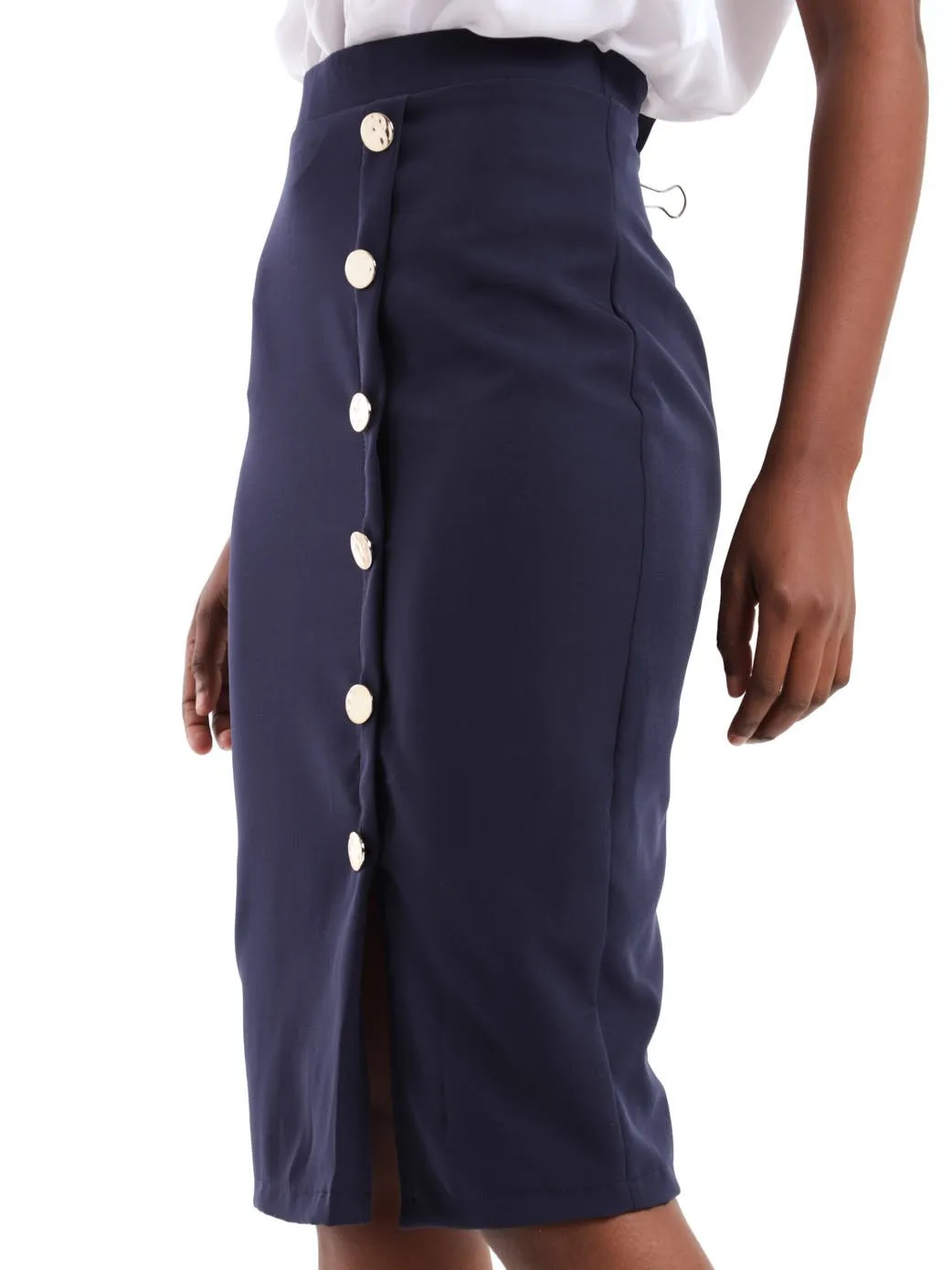Ladies Button Detail Pencil Skirt - Navy