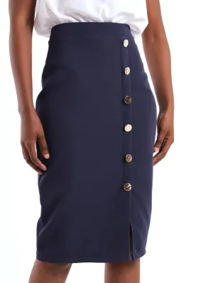 Ladies Button Detail Pencil Skirt - Navy