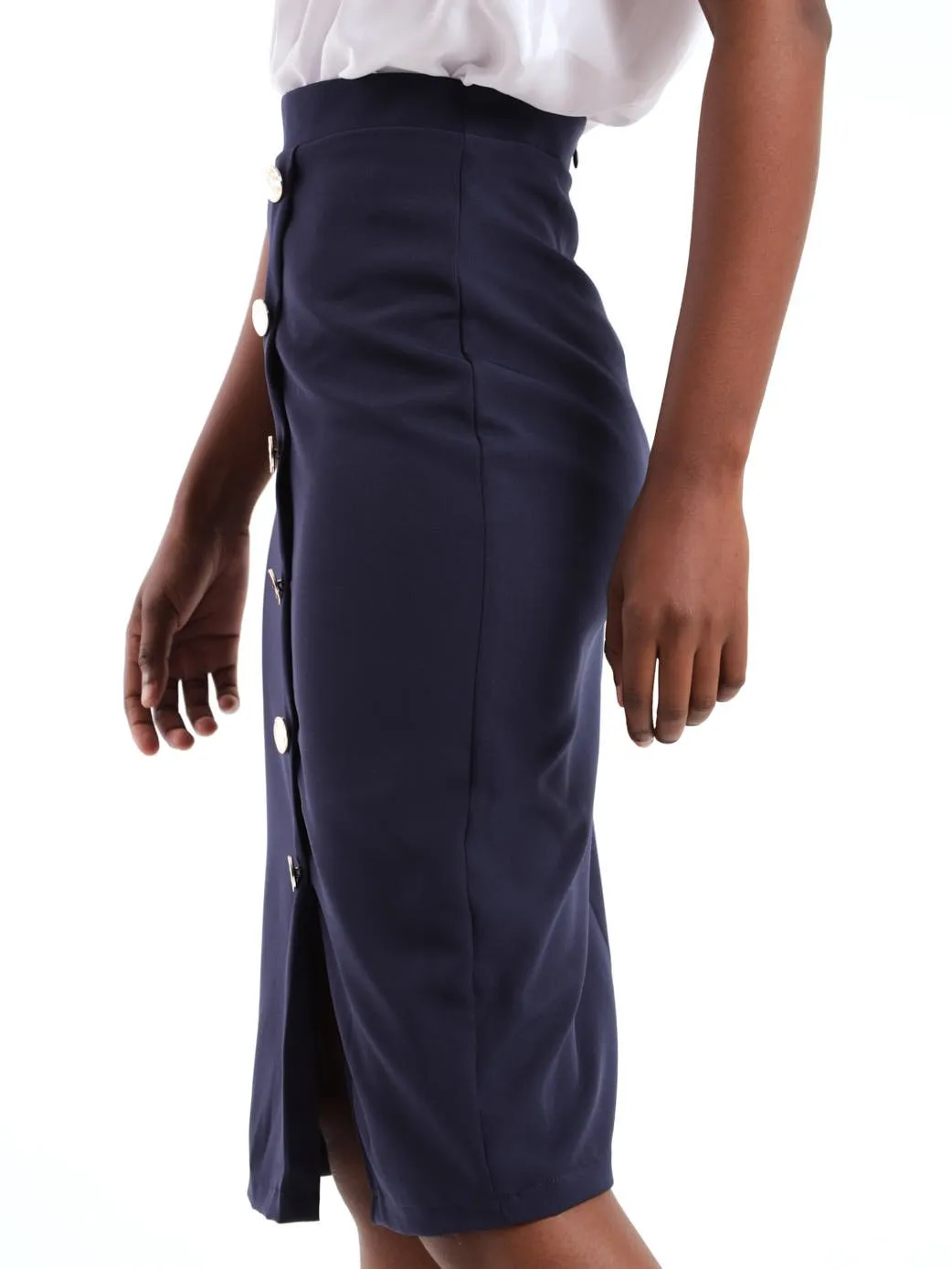 Ladies Button Detail Pencil Skirt - Navy