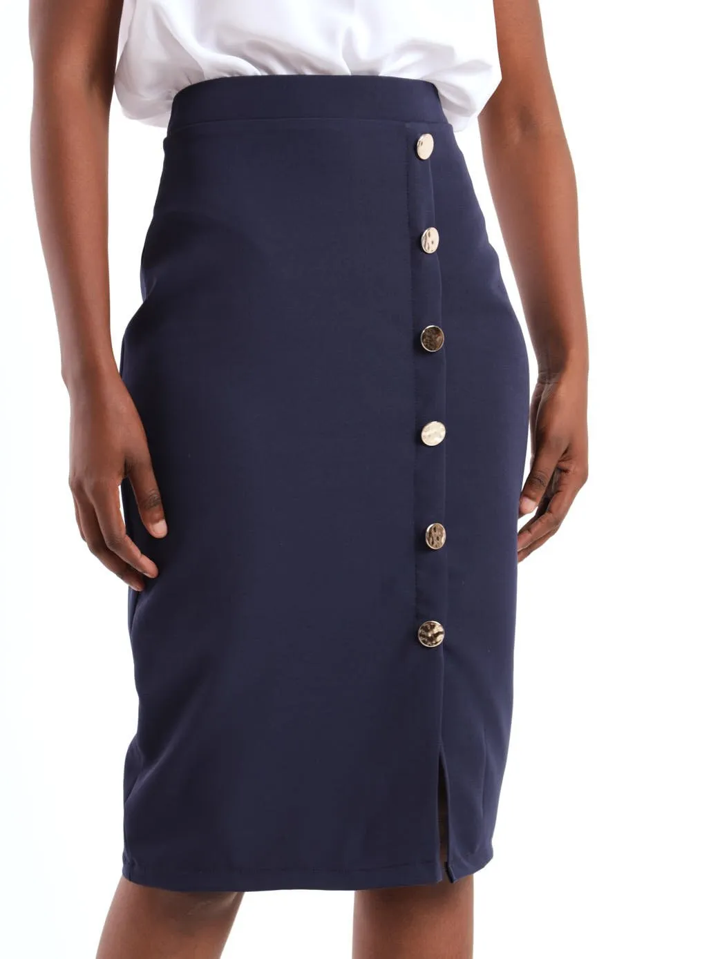 Ladies Button Detail Pencil Skirt - Navy