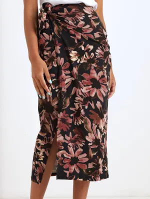 Ladies Printed Wrap Pencil Skirt - Black