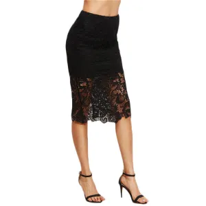 Ladies Style Skirts Black Lace Split Back Pencil Knee Length Sheath Work Wear Elegant Skirt