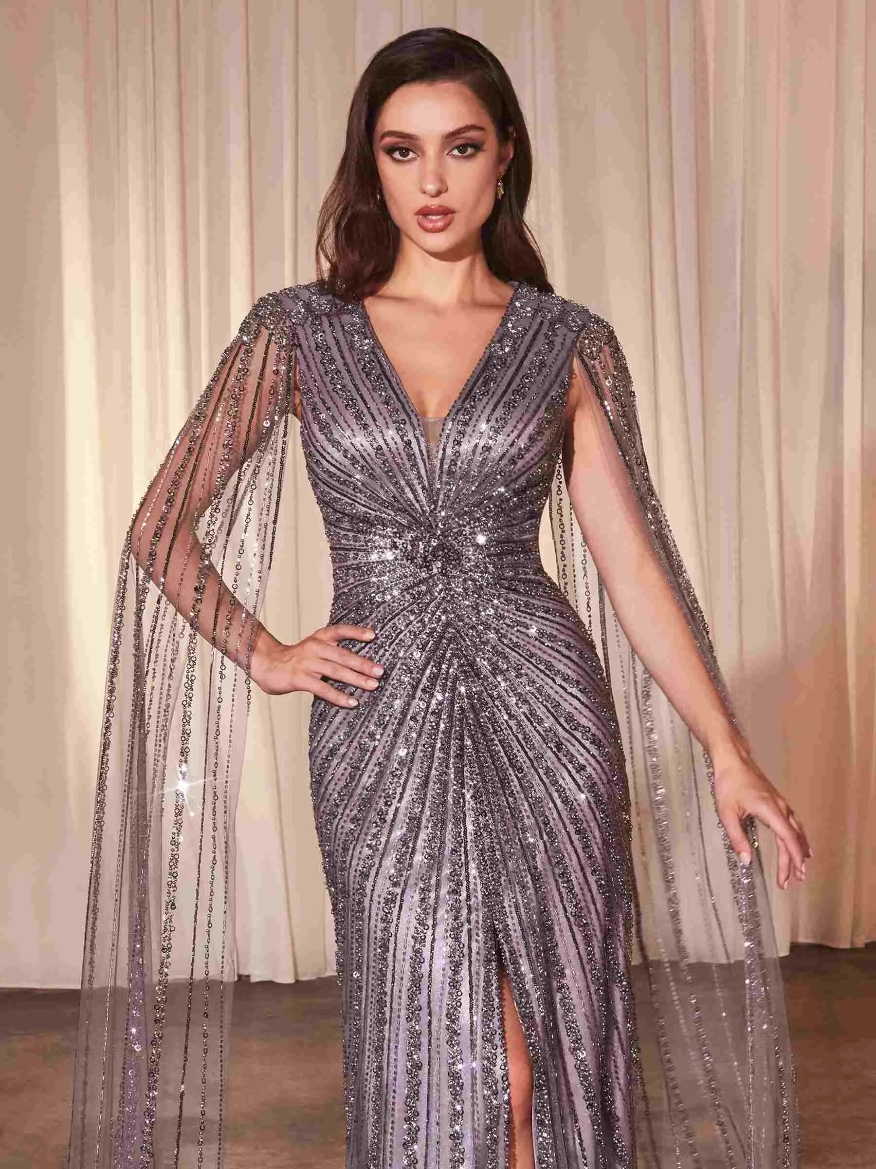Ladivine CD0239 Long Sleeve Fully Beaded Sheath Gown