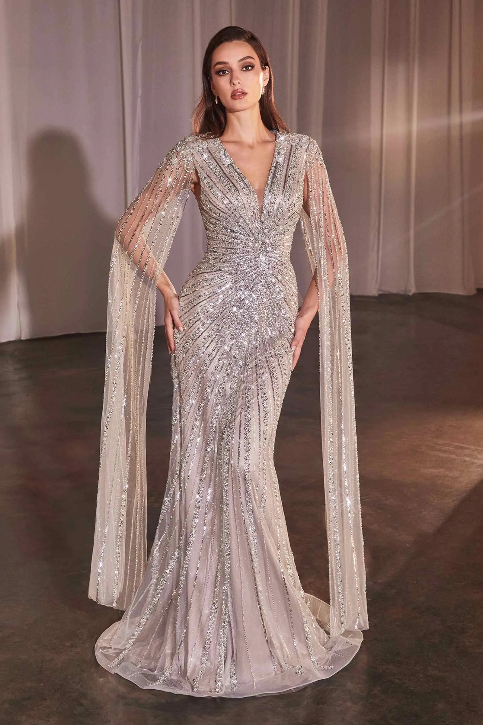 Ladivine CD0239 Long Sleeve Fully Beaded Sheath Gown