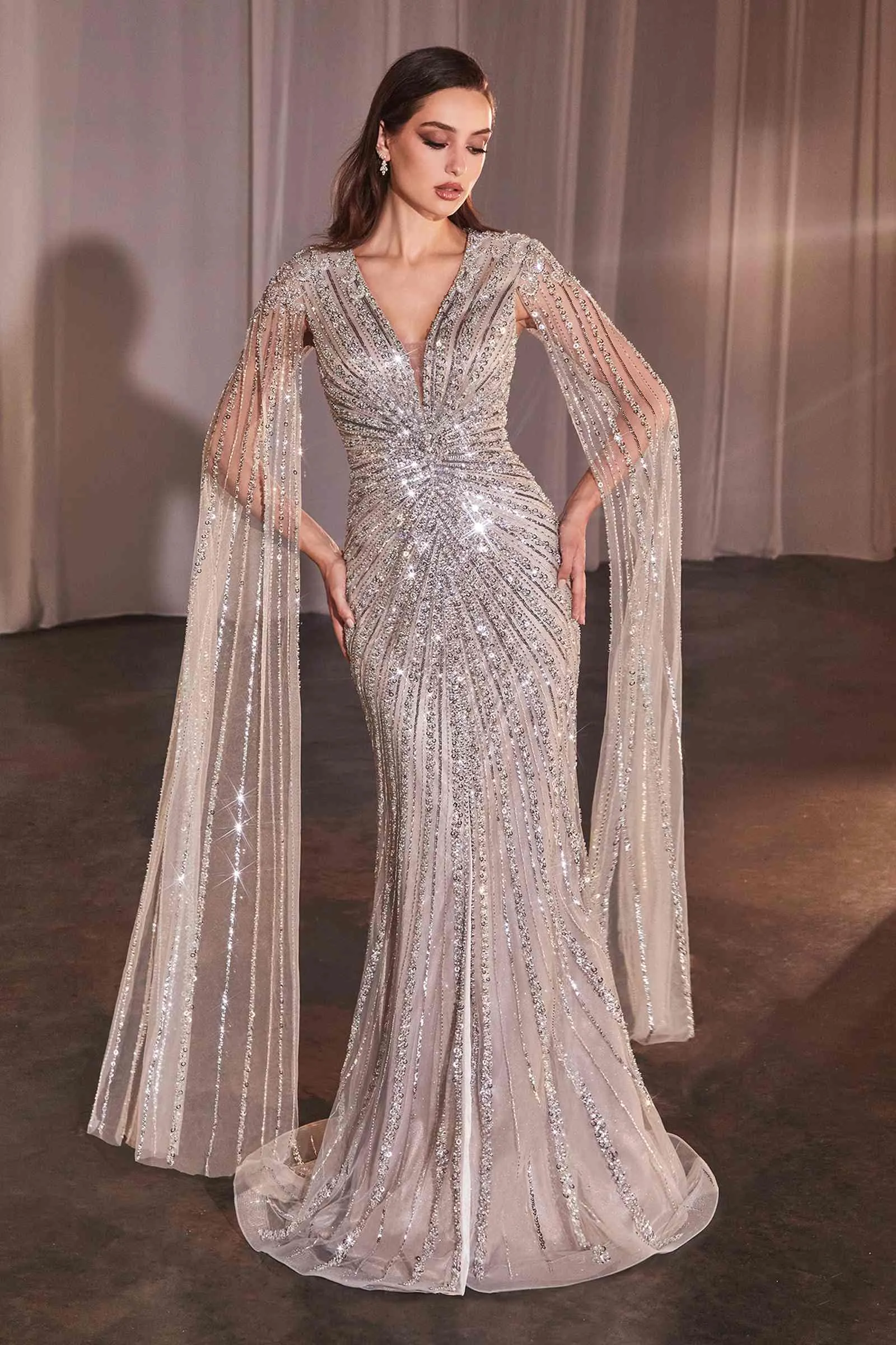 Ladivine CD0239 Long Sleeve Fully Beaded Sheath Gown