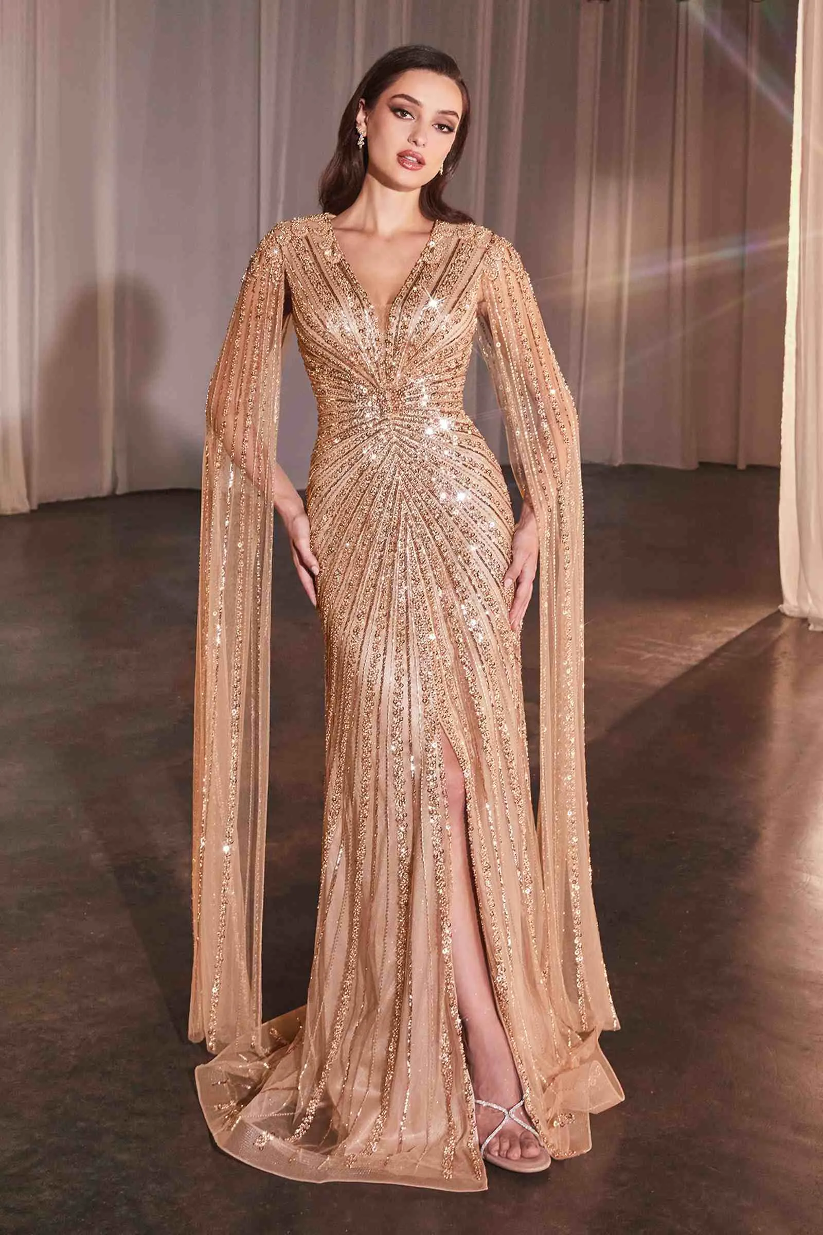 Ladivine CD0239 Long Sleeve Fully Beaded Sheath Gown