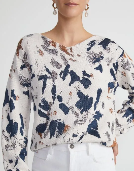 Lafayette 148 Paint Splatter Jacquard V-Neck in Creme