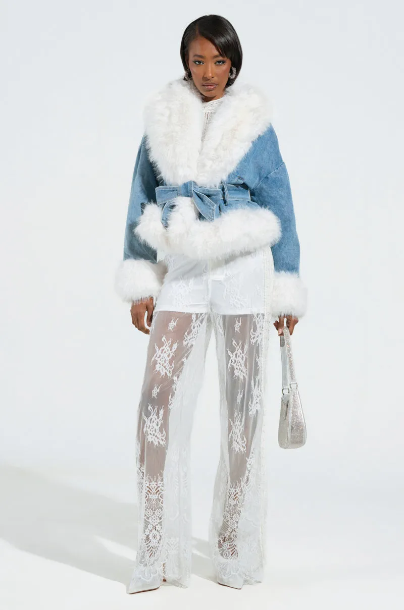 LAINEY FUR TRIM DENIM MOTO
