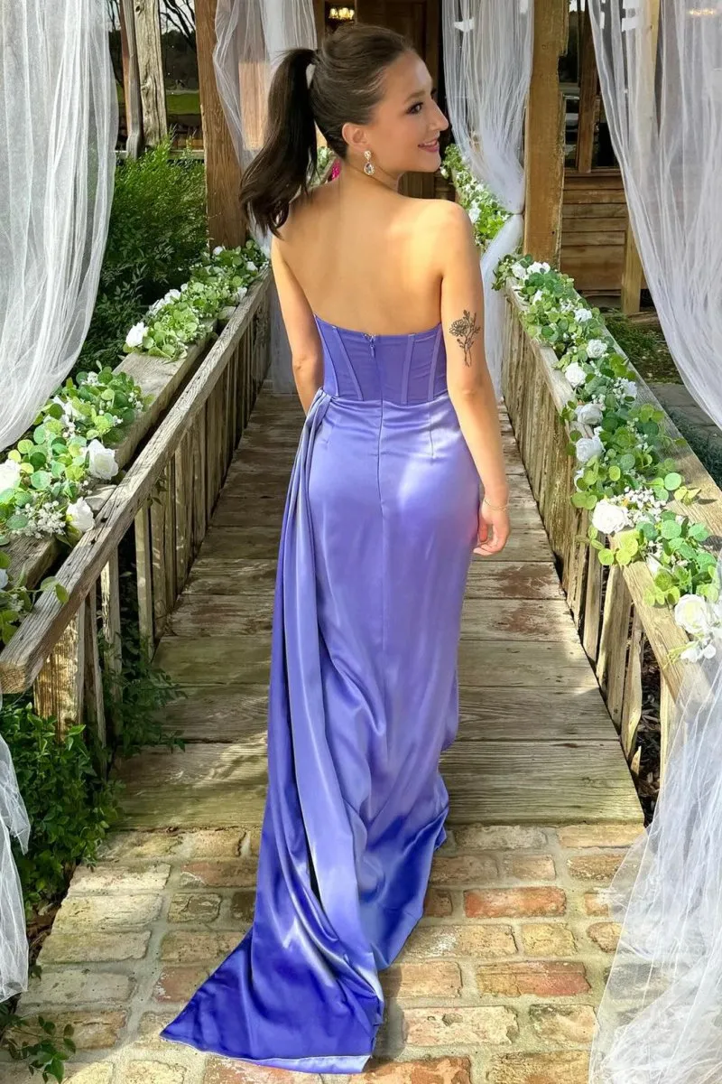 Laken | Periwinkle Strapless Pleated Formal Dress with Attached Train