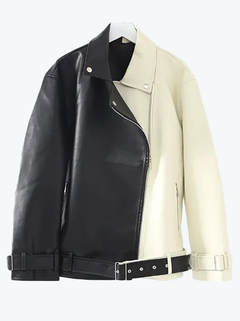 Lapel Splicing Moto Jacket with Belt