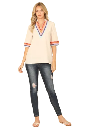 Latte Combo V Neck Mandarin Collar Wave Print Half Sleeve Top - Pack of 6