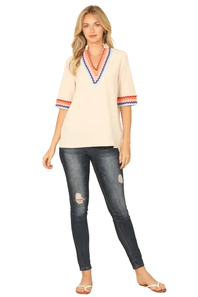 Latte Combo V Neck Mandarin Collar Wave Print Half Sleeve Top - Pack of 6