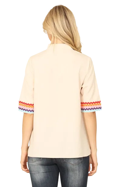 Latte Combo V Neck Mandarin Collar Wave Print Half Sleeve Top - Pack of 6