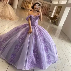 Lavender Off-Shoulder Quinceanera Dresses Vestidos De 15 Anos Beading Crystal Cinderella 16 Princess Gowns Corset
