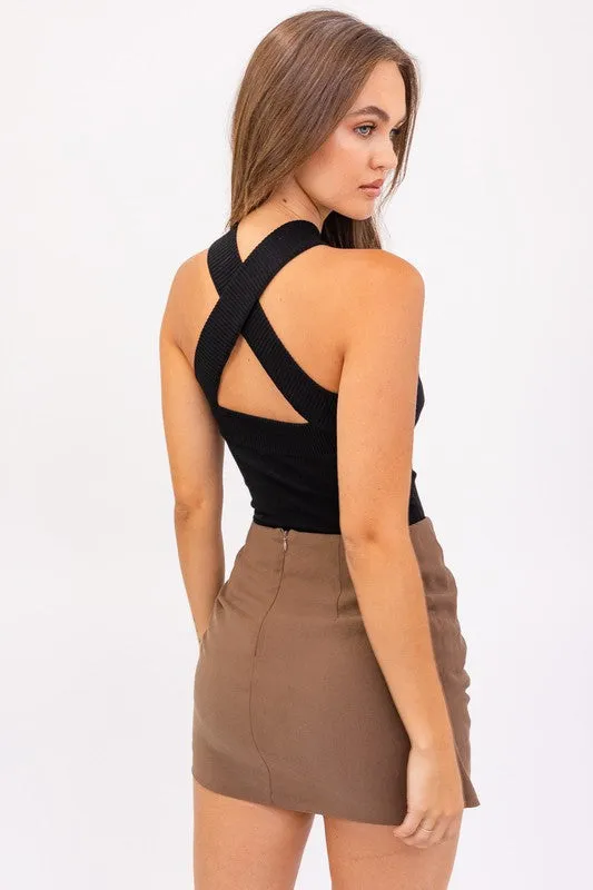 LE LIS Criss Cross Halter Band Sweater Bodysuit