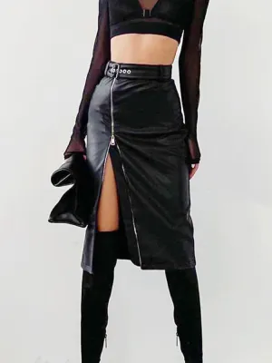 Leather Skirts Black Fairy Women Zip-up Skirt New Arrive High Waist Female Skirts