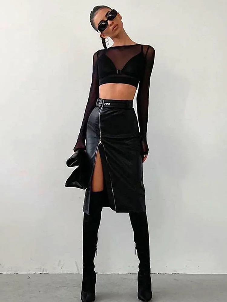 Leather Skirts Black Fairy Women Zip-up Skirt New Arrive High Waist Female Skirts