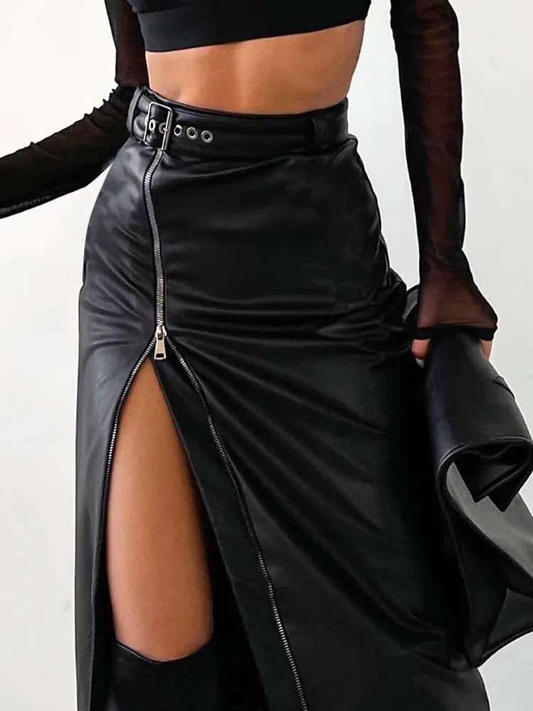 Leather Skirts Black Fairy Women Zip-up Skirt New Arrive High Waist Female Skirts