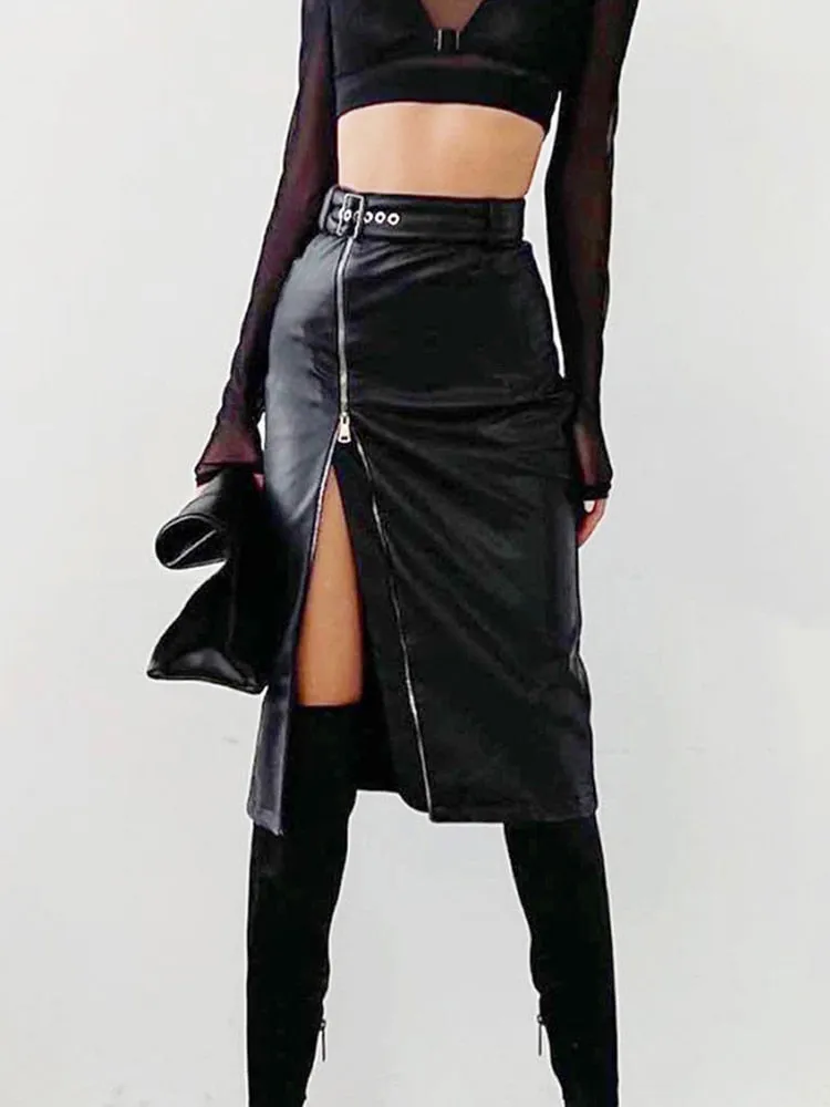 Leather Skirts Black Fairy Women Zip-up Skirt New Arrive High Waist Female Skirts