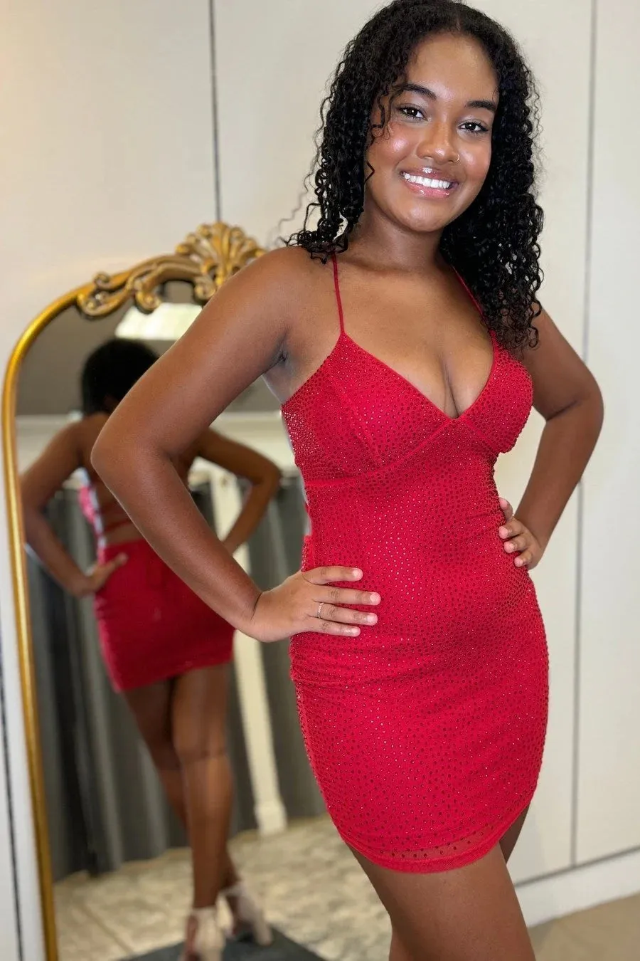 Lindsie | Red V-Neck Lace-Up Mini Hotfix Homecoming Dress