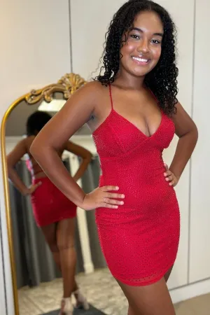 Lindsie | Red V-Neck Lace-Up Mini Hotfix Homecoming Dress