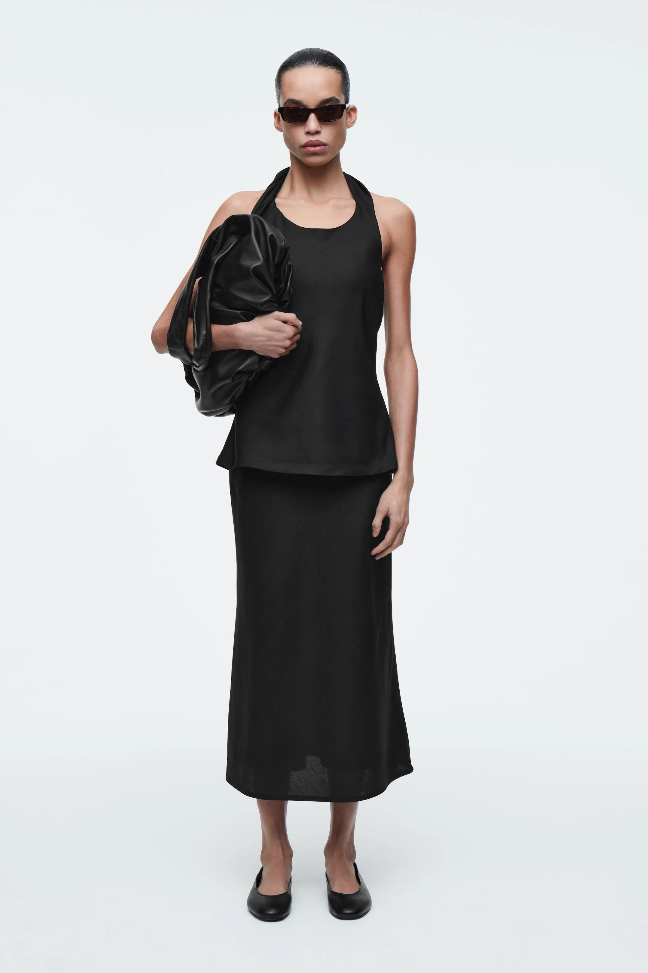 Linen-blend midi column skirt