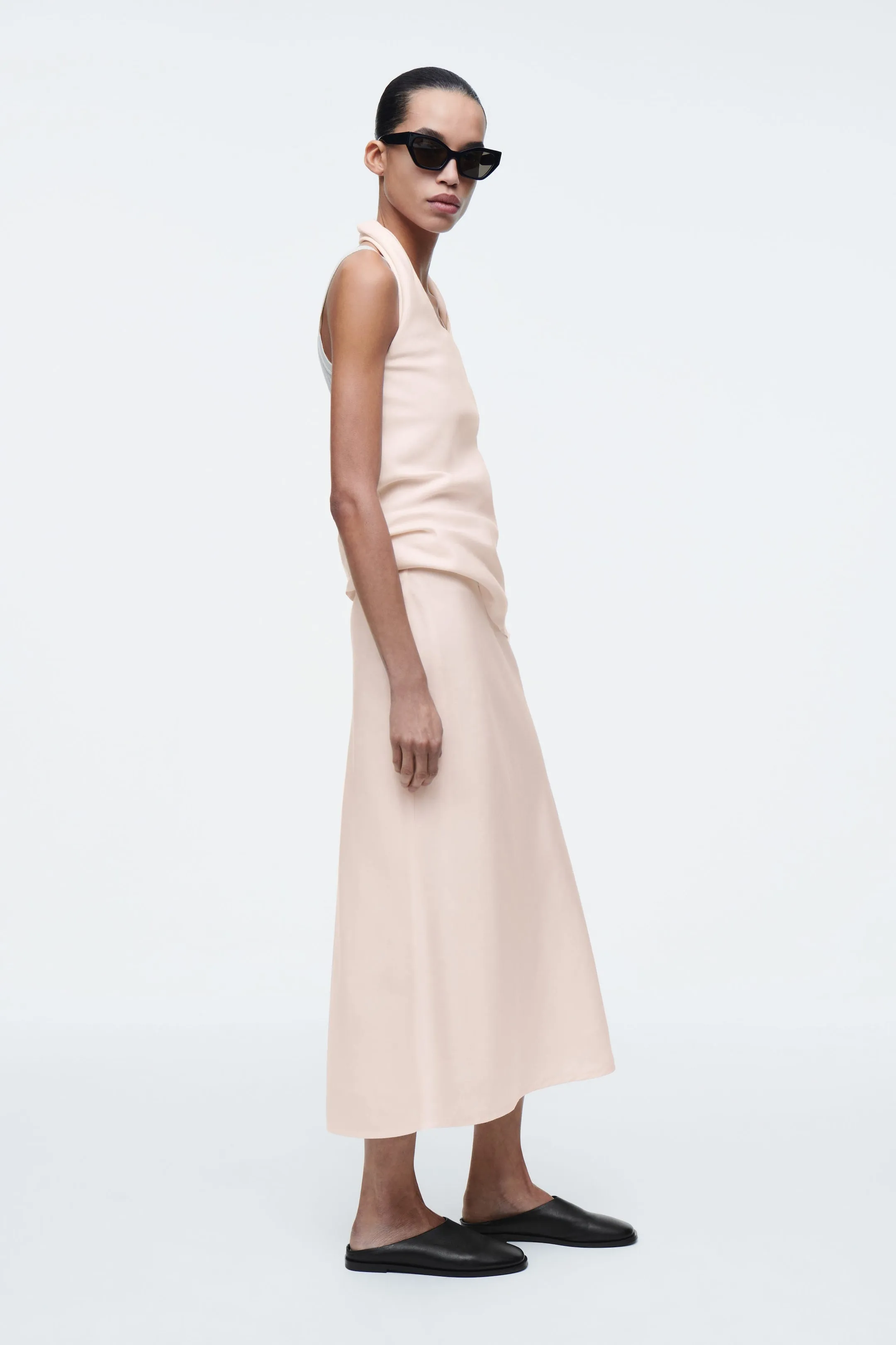 Linen-blend midi column skirt