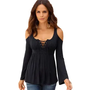 Long Sleeve Cold Shoulder Tops Tee Shirt Off the Shoulder Tops for Women T Shirt V-Neck Lace T-Shirts