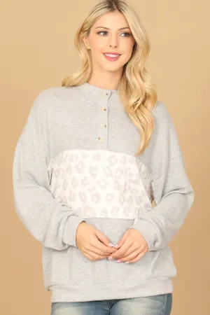 LONG SLEEVE LEOPARD CONTRAST BUTTON DETAIL TOP
