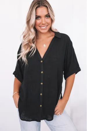 Loose V Neck Button Short Sleeve Shirt