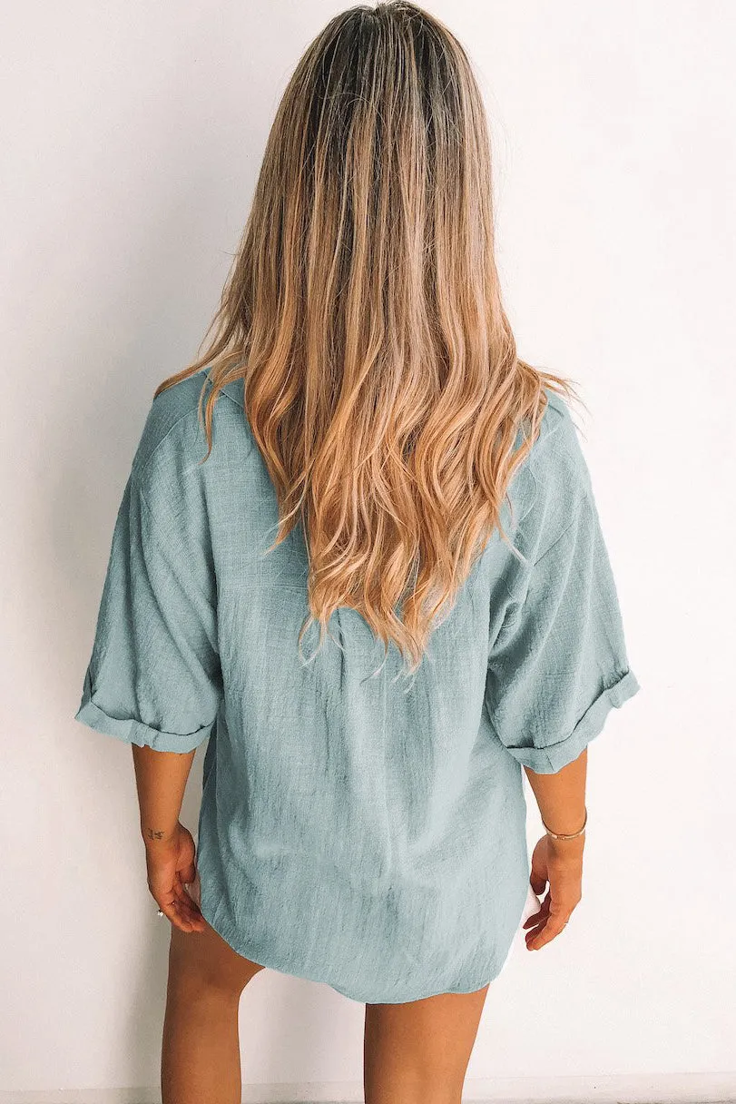 Loose V Neck Button Short Sleeve Shirt
