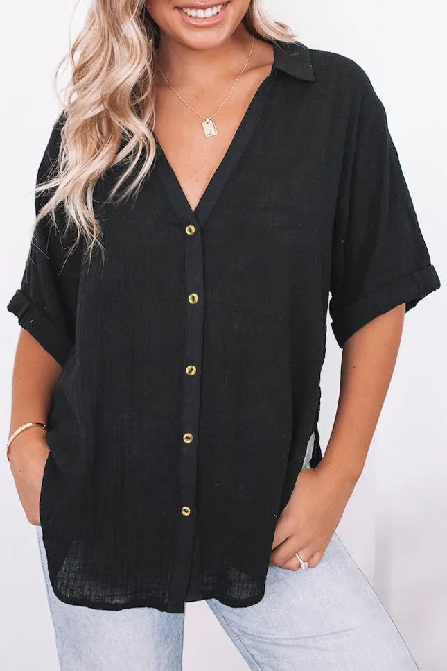 Loose V Neck Button Short Sleeve Shirt