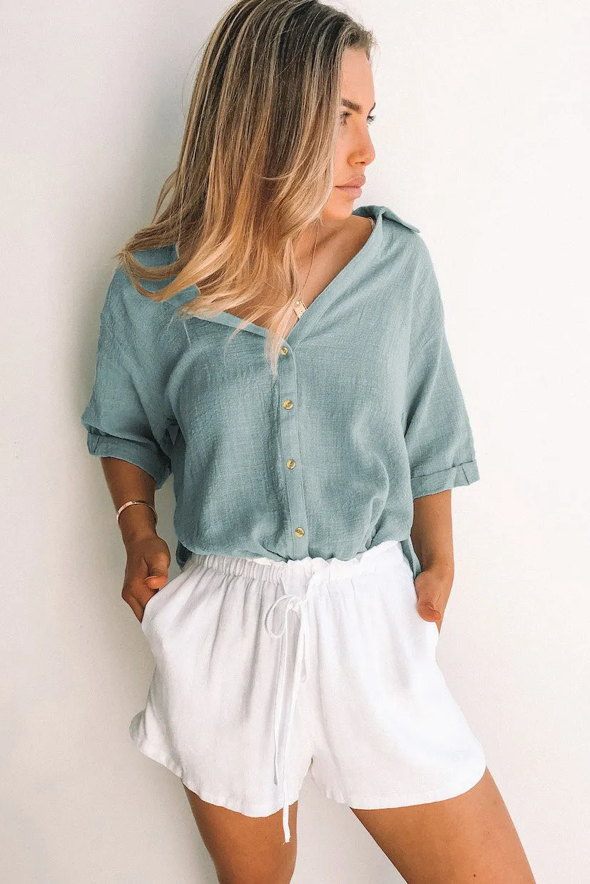 Loose V Neck Button Short Sleeve Shirt