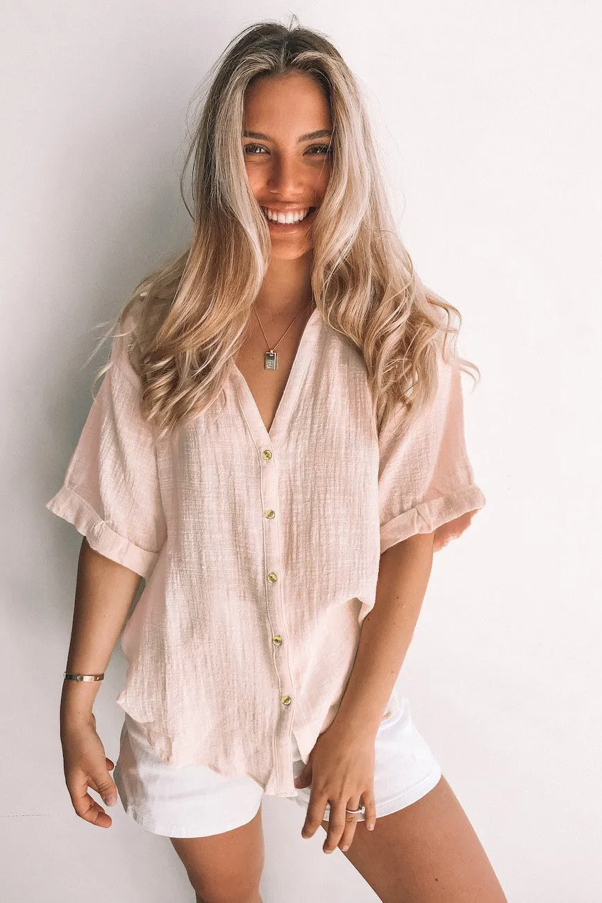 Loose V Neck Button Short Sleeve Shirt