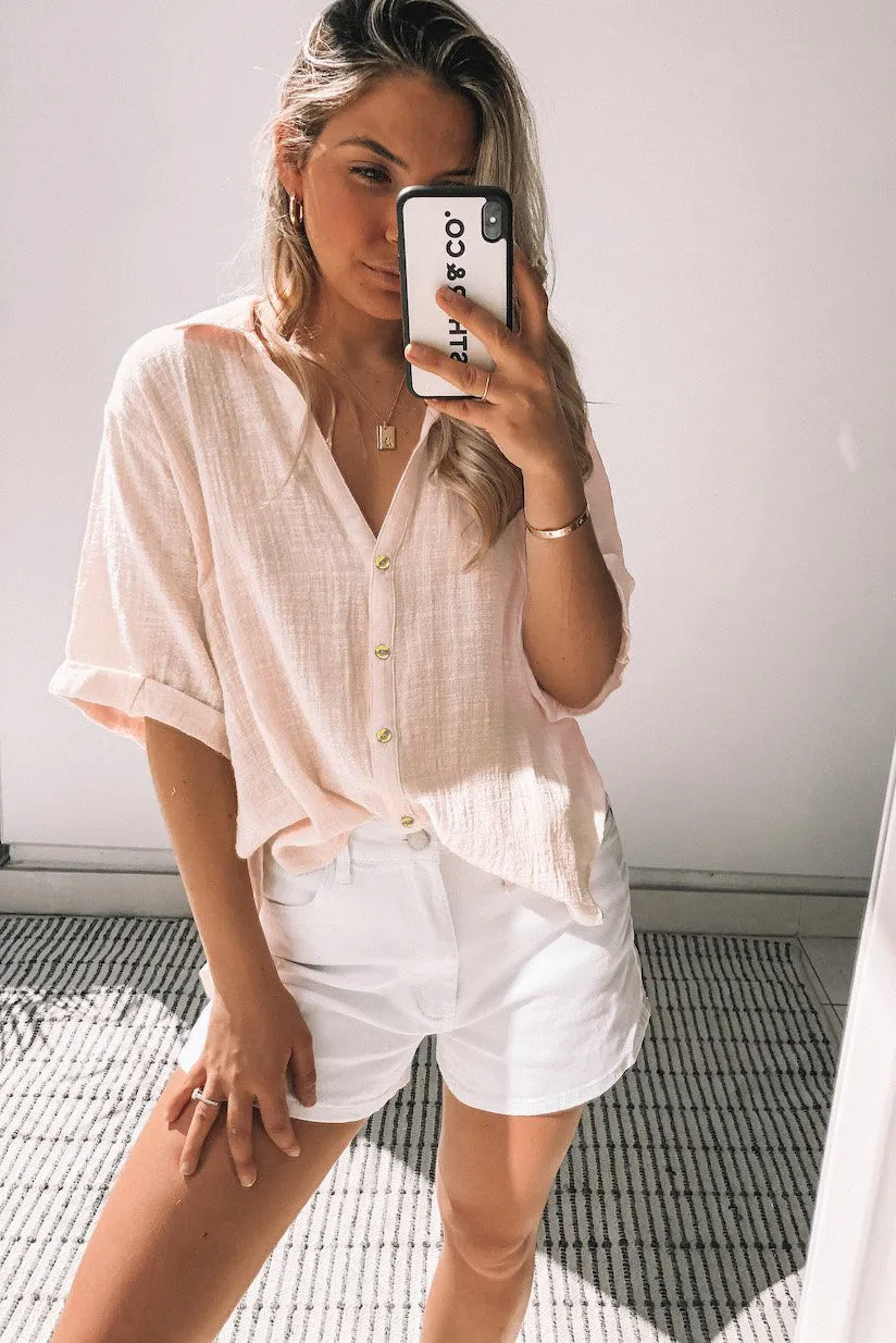 Loose V Neck Button Short Sleeve Shirt