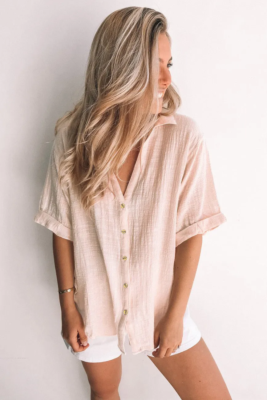 Loose V Neck Button Short Sleeve Shirt